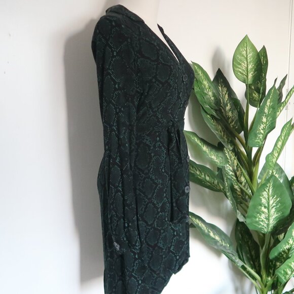 ZARA Green Black Snake Print Wrap Mini Dress Long Sleeve Belted Collared XS - Picture 8 of 12